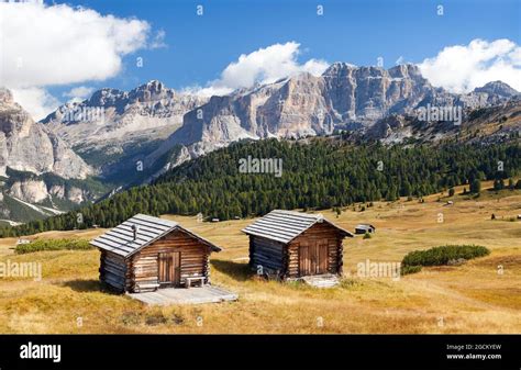 Wooden Small Cabin In Dolomities Alps Mountains Italian Dolomiti