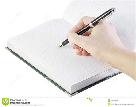 A Mão Com Pena Escreve No Caderno Imagem De Stock Imagem De