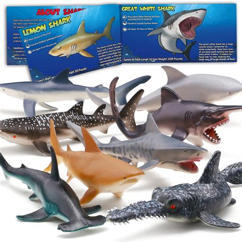 Boley Shark Toys Pack 10 Long Soft Plastic Realistic Shark Toy Set