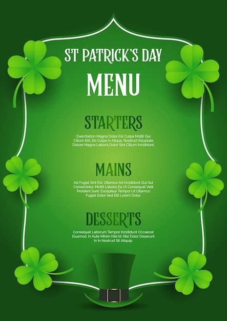 St Patrick S Day Menu Design With Top Hat And Clover Premium Vector