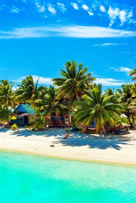 Stunning Tropical Aitutaki Island With Palm Trees White Sand