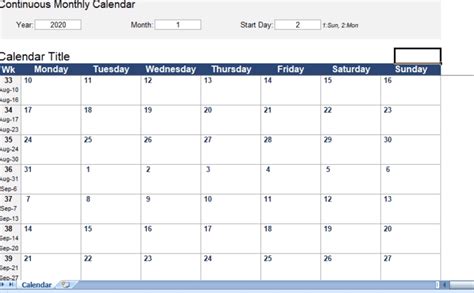 Continuous Monthly Calendar Excel Template For Free