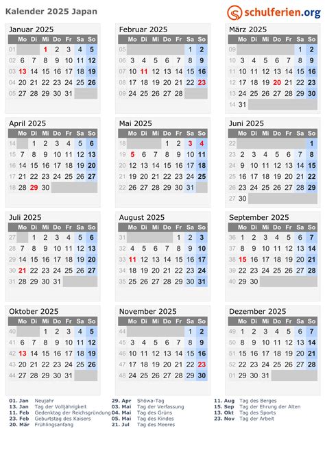 Kalender Japan 2025 Mit Feiertage