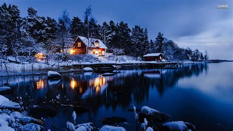 Hd Wallpaper Cabin House Norway Nature Lake Winter Landscape