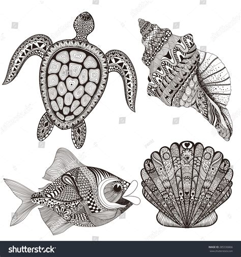 Zentangle Stylized Black Sea Shells Fish Stock Vector