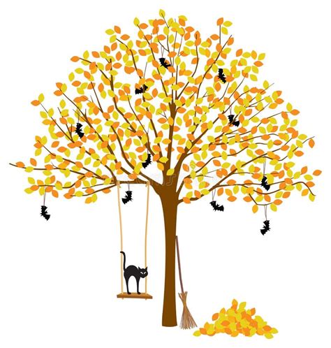 Tree With Autumn Leaves And Halloween Decorations Stock Vector