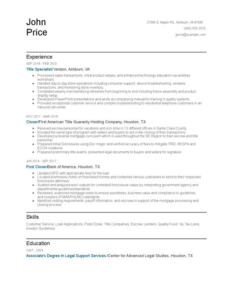 You can choose from one of our resume examples that have been created to adhere to the resume rules employers look for. Title Specialist Resume Examples and Tips - Zippia