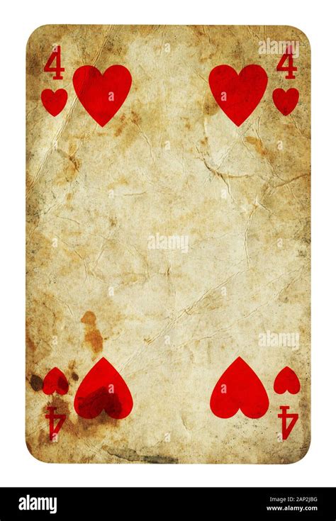 Four Of Hearts Vintage Playing Card Isolated On White Clipping Path