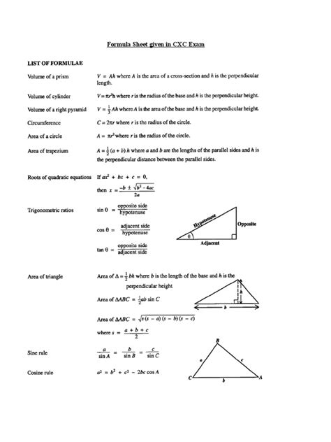 Cxc Csec Mathematics Formula Sheet Pdf