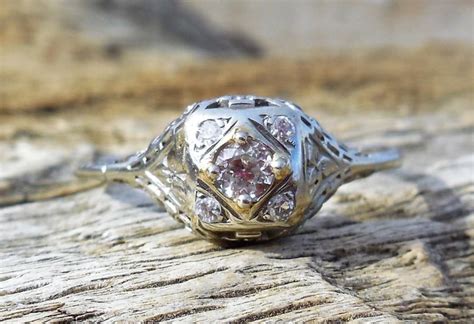 Vintage Antique 28ct Old European Cut Diamond Unique Engagement Ring 1920s Art Deco 18k White
