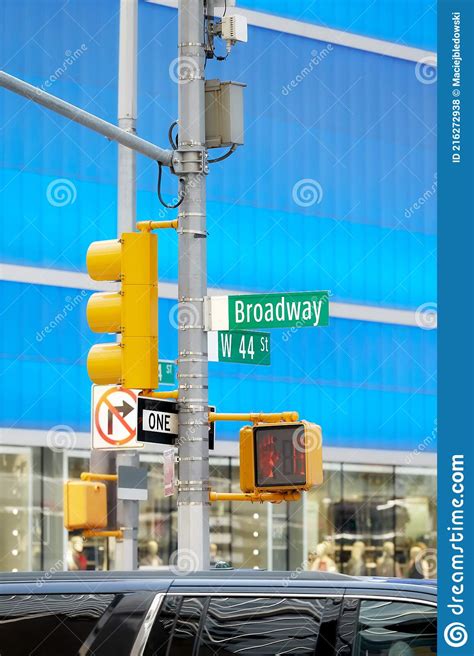 Broadway Road Sign And Traffic Light At The Times Square New York City