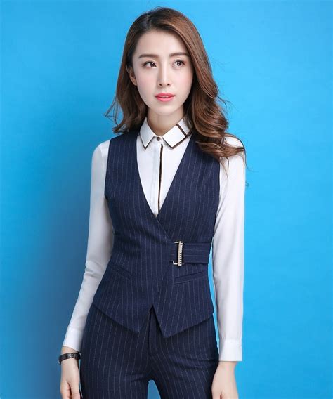 Formal Ladies Blue Striped Vest Women Waistcoat Female Work Wear Business Clothes Elegant Office