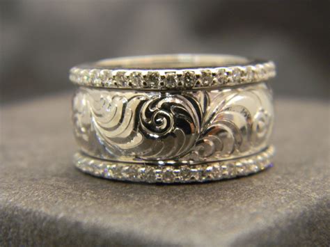 8mm 14k White Gold Hand Engraved Ring With Fancy Scroll Engraving And 2