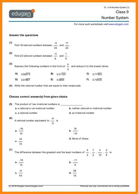 Rational Numbers Class 9 Icse Worksheet