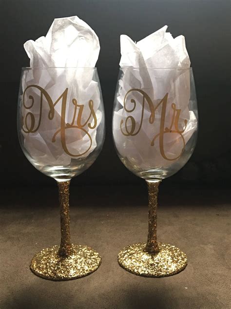 Custom Mr And Mrs Wine Glasses Set Glitter Stems And Many Color Options Bridal T Bride And