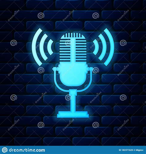 Glowing Neon Microphone Icon Isolated On Brick Wall Background On Air