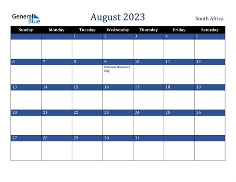 August 2023 Calendar With South Africa Holidays