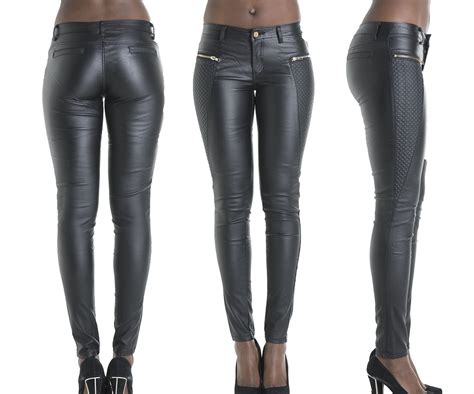 Fashion Black Leather Pants Patchwork Fake Zippers Low Waisted Full