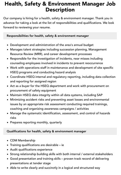 Health Safety And Environment Manager Job Description Velvet Jobs