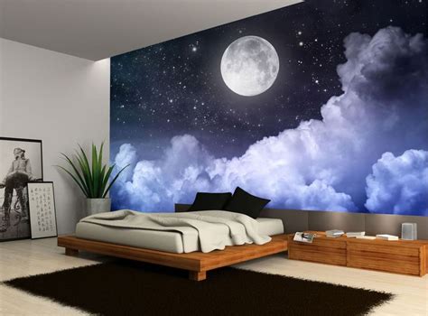 A dramatic cloud wall mural featuring billowing clouds, layered with texture to create a modern, artistic feature wall for a bedroom. Night Sky Moon Clouds Dark Stars Wall Mural Photo ...