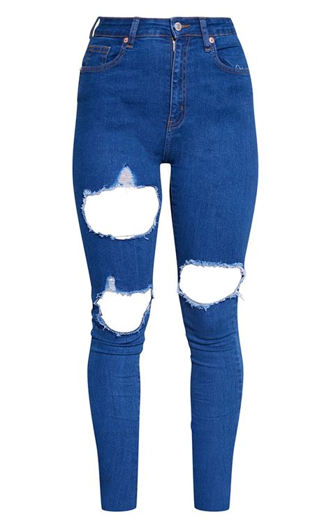 Plt Mid Blue Wash 5 Skinny Double Rip Skinny Jeans Prettylittlething