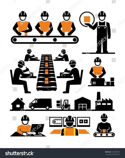 Manufacturing Process Assembly Workers Vector Icons Stock Vector