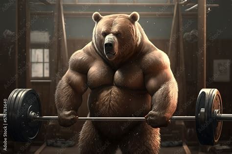 Bear Man Does Physical Exercise With Heavy Weights In The Gym