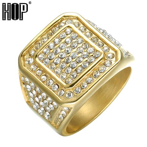 Hip Hop Bling Iced Out Square Crystal Ring Gold Color Stainless Steel