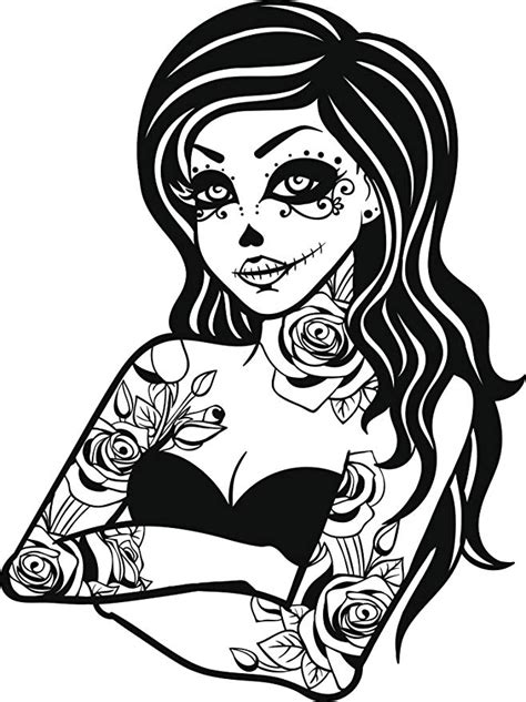 Sexy Dia De Los Muertos Woman With Tattoos Cartoon Vinyl Decal Sticker 2 Tall Skull