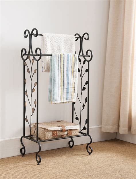 Black Metal Free Standing Towel Rack Stand With Storage Shelf And Gold