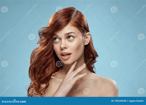 Beautiful Woman Curly Long Hair Smooth Hairstyle Naked Shoulders Cosmetics Care Blue Background