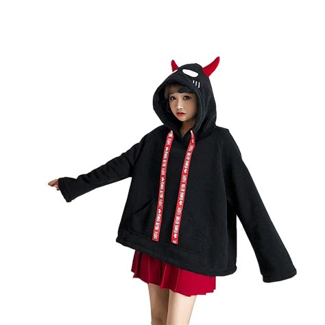 Womens Cute Loose Devil Horn Printed Long Sleeve Drawstring Hooded