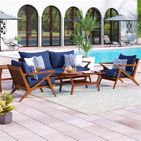 Scandinavian Outdoor Furniture Set With Blue Cushions Solid Wood Frames