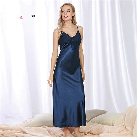 Buy Sexy Elegant Vintage Long Black Blue Silk Satin Nightgowns Women Night Wear