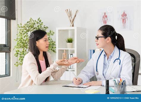 Pretty Elegant Patient Talking With Doctor Woman Stock Image Image Of