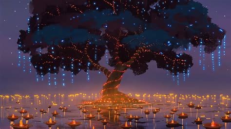 Download 1366x768 Wallpaper Worship Of Tree Lake Night Fantasy Art