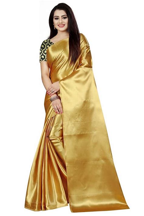 gold plain satin saree with blouse fashionfilla 3208919