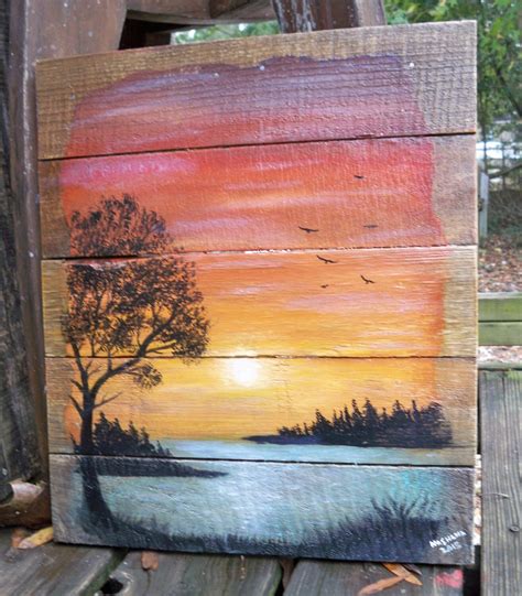 Pallet Wood Paintinglandscape Lake Sunset Acrylic On