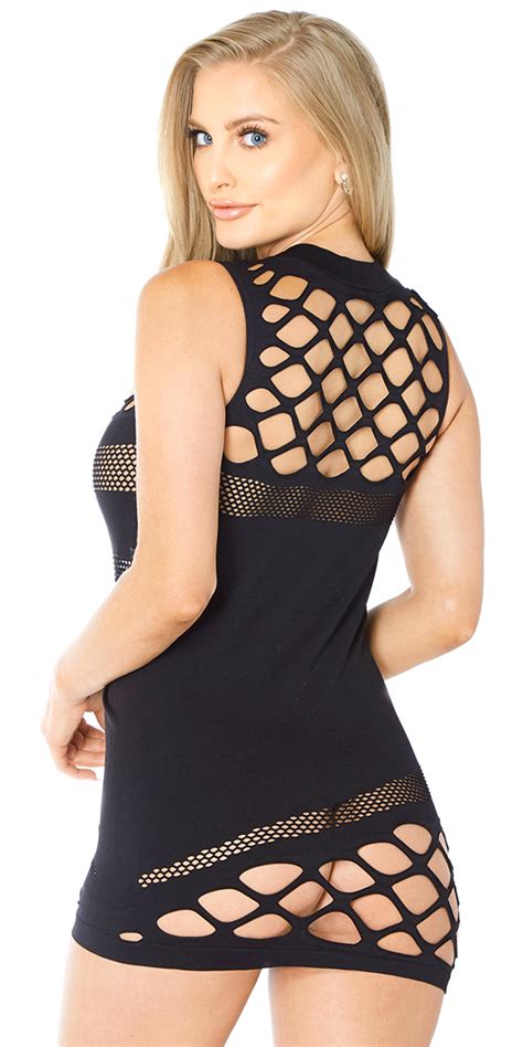 Black Fishnet Mesh Chemise With Cut Out Holes Sexy Womens Lingerie