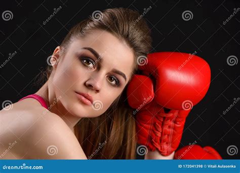 Beautiful Girl With The Red Boxing Gloves Stock Photo Image Of Female