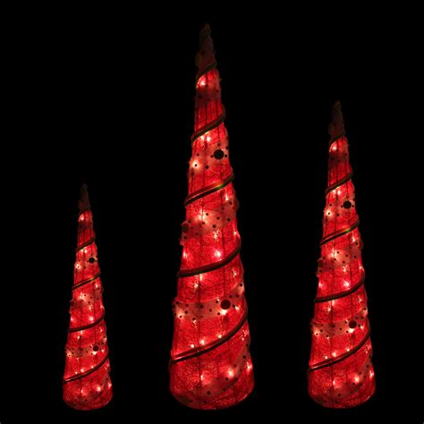 Set Of 3 Red Lighted Sisal Candy Covered Cone Tree Christmas Outdoor