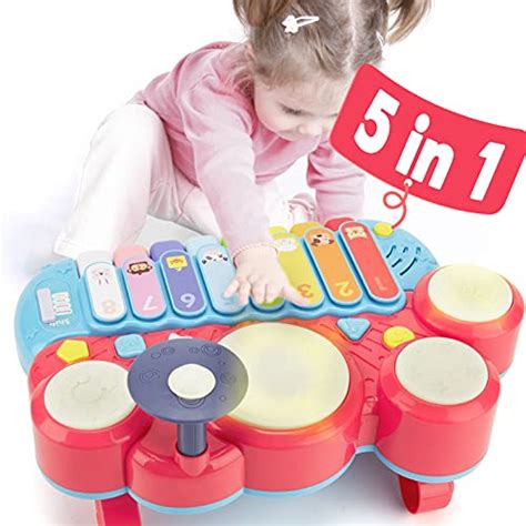 Hahaland 5 In 1 Kids Piano Drum Set Musical Toddler Toys For 1 2 3