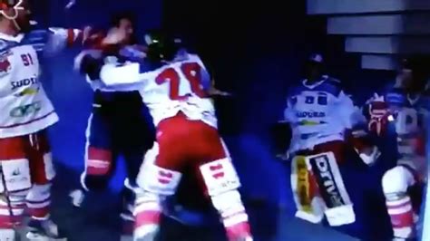 austrian league hockey players start brawling during intermission interview vice