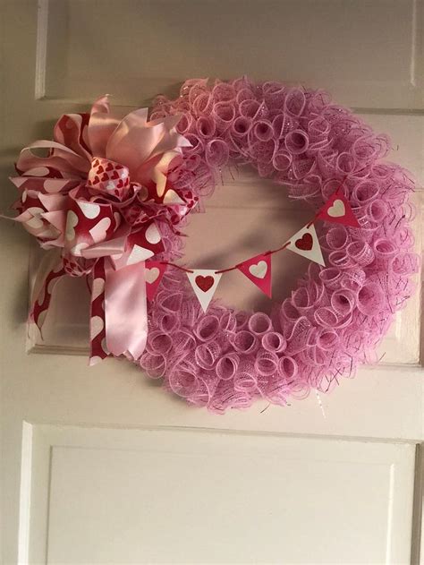 20 Inch Pink Rolled Deco Mesh Wreath With Heart Banner Valentines