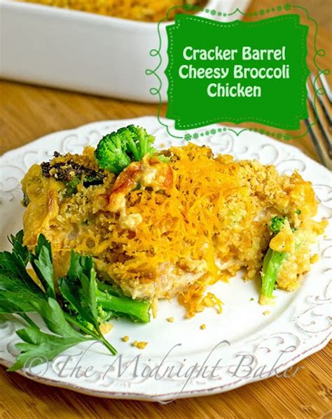 Melt butter and combine with ritz crackers, sprinkle buttered crackers over the broccoli. Cracker Barrel Cheesy Chicken and Broccoli - The Midnight ...