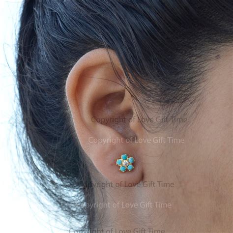 Genuine Turquoise Studs Earrings In 14K Solid Yellow Gold Etsy