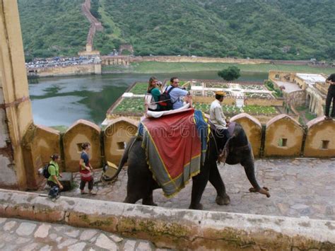 Two Tourists Ride An Elephant At Amber Fort In Jaipur India Editorial