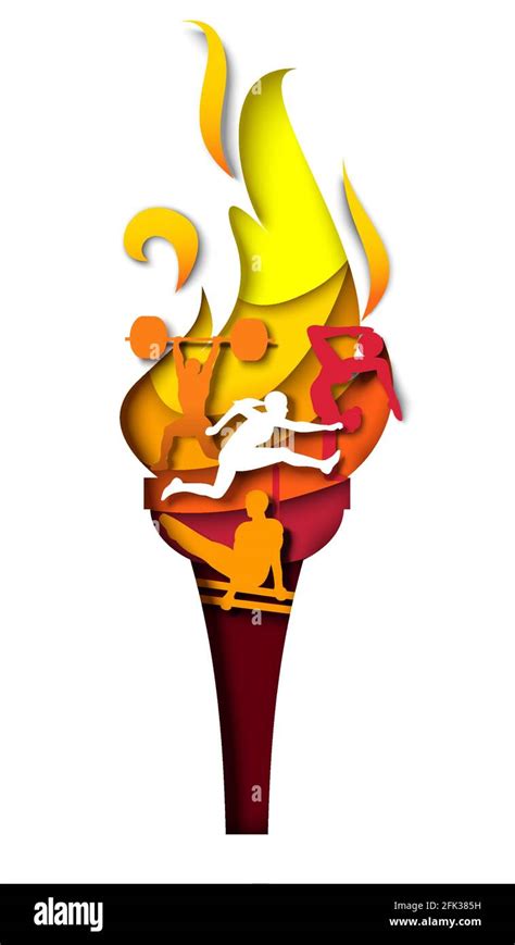 Flaming Torch With Athlete Silhouettes Vector Paper Cut Illustration