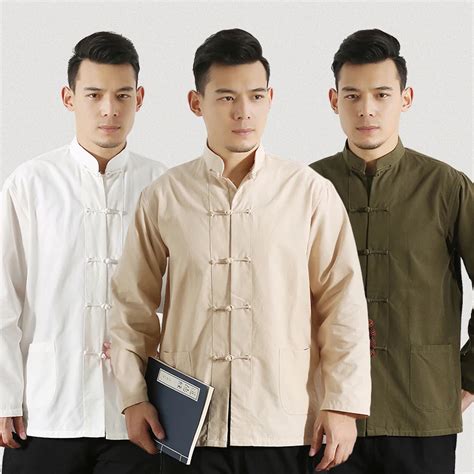 Mens Chinese Traditional Tang Suit Linen Tops Kung Fu Long Sleeve