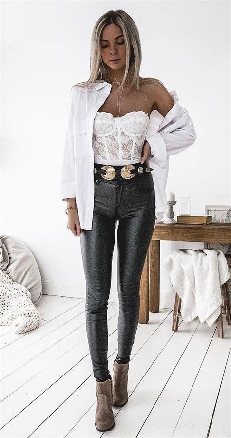 great outfit idea lace top white shirt leather pants heels fashion dresses classy fashion